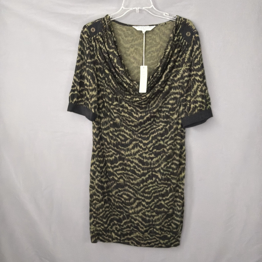 Trina Turk Dress Womens‎ 10 Green Animal Print Cowl Neck Shift Silk Tencel NEW